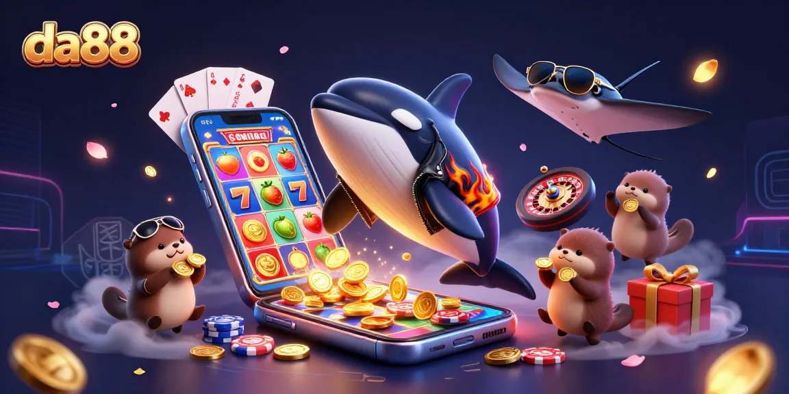 da88 thrills with a vibrant 3D scene featuring exciting slot games, golden coins, and playful casino characters.