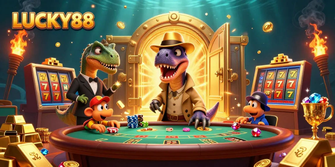 LUCKY88 delivers an engaging experience as a cartoon velociraptor tries to count cards at a vibrant blackjack table.