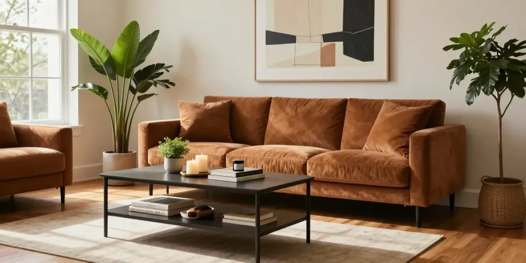 Home The Spruce cozy living room with stylish sofa table and natural light