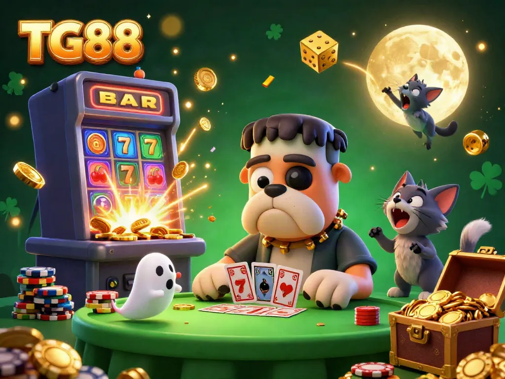 Engage with TG88 in a vibrant 3D casino scene featuring a Frankenstein bulldog, ghost mouse, and werewolf kitten.