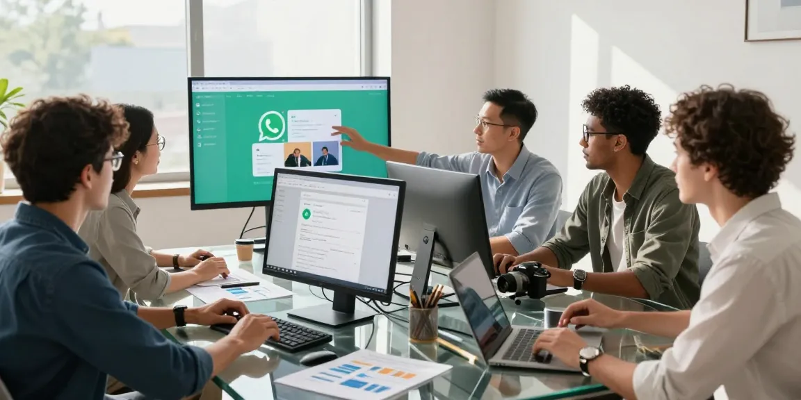 Team members collaborating using WhatsApp網頁版 on computers in a modern workspace.