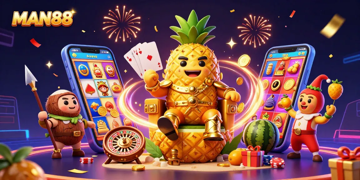 Engaging MAN88 casino scene with a golden pineapple king, themed gaming elements, and lively visuals.