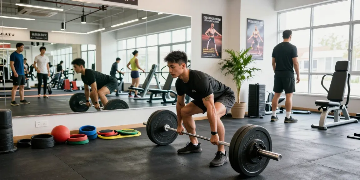 Man training at the gym with weights, showcasing a dynamic Steroide Boutique workout environment that fosters fitness growth.