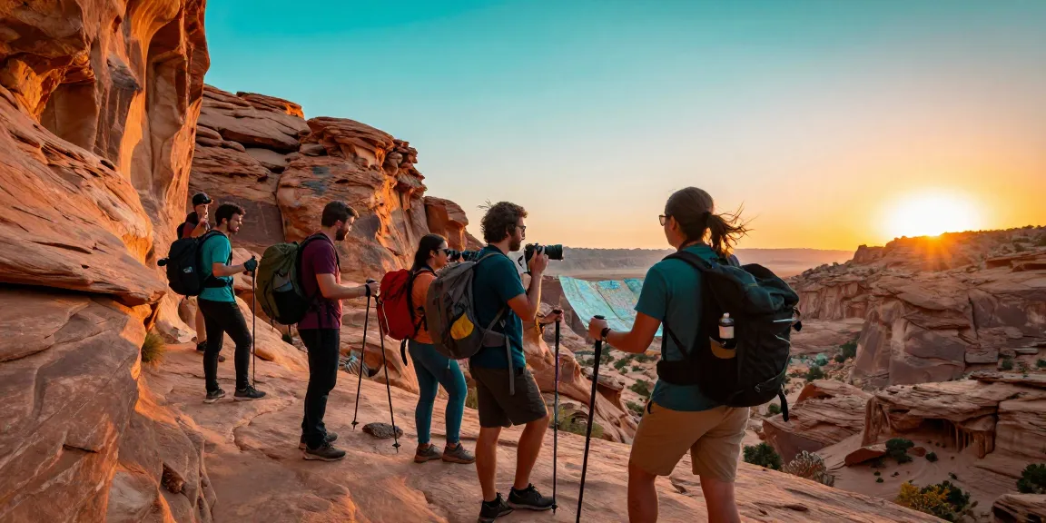 Friends exploring a slot canyon during sunset, capturing the adventure.