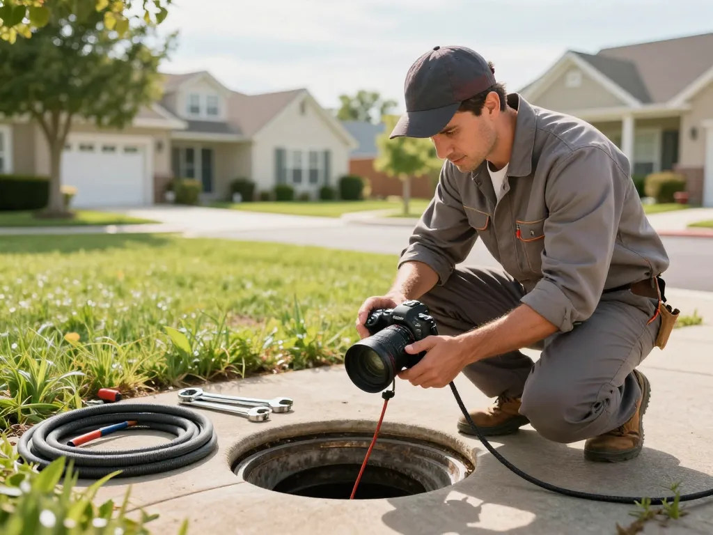 Sewer repair Crown Point IN technician inspecting line with advanced camera, showcasing professional plumbing service.