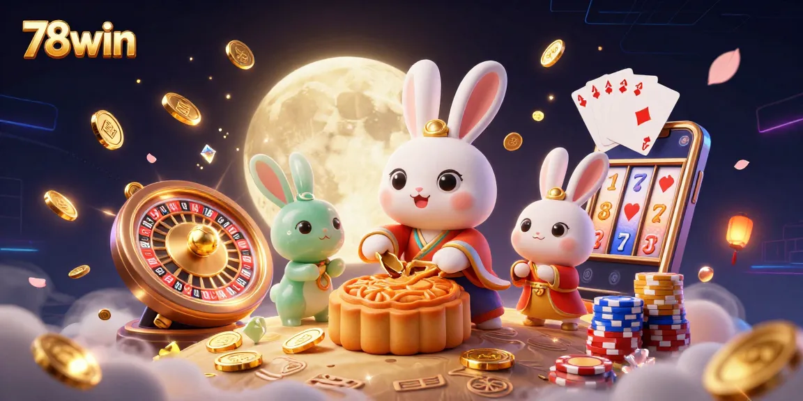 Experience the excitement of 78win with a captivating lunar casino scene featuring the moon rabbit and vibrant game elements.