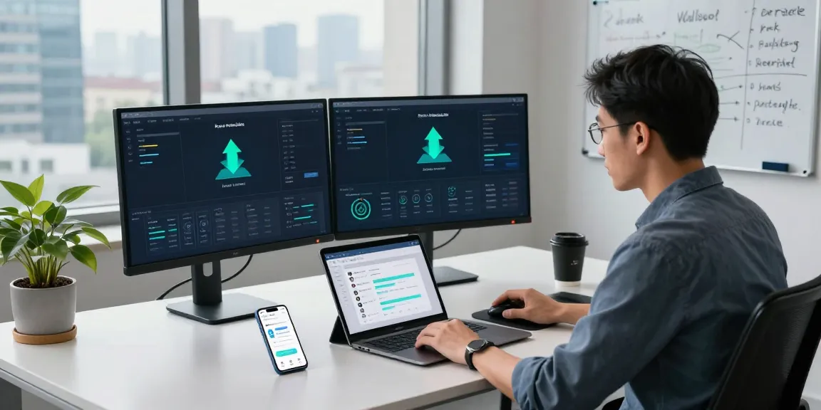快连 network acceleration software analysis in a modern tech workspace with dual monitors and dynamic user feedback.