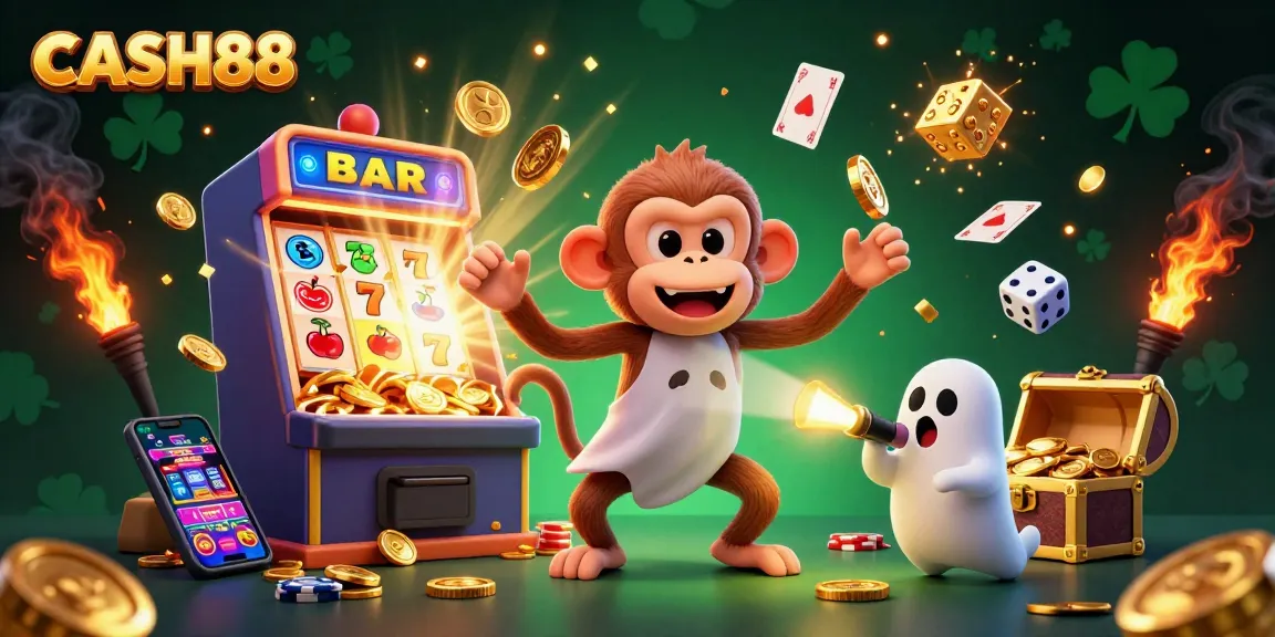 CASH88 launches thrilling gaming excitement with a golden monkey and ghost-hunter puppy in a vibrant casino scene.