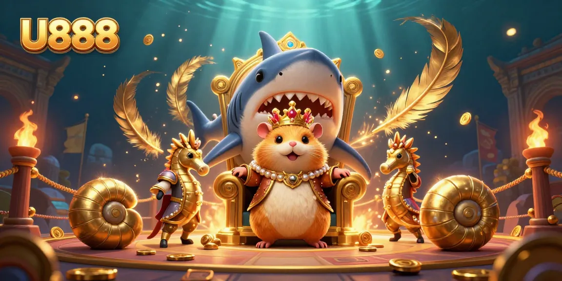 Engage with U888’s exciting casino world featuring a hamster king on a shark throne.