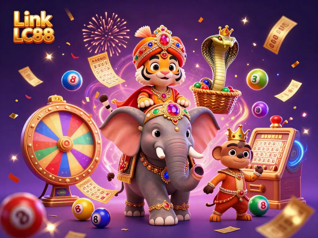 Experience the excitement of gambling in Link LC88 with vibrant lottery balls and a jewel-encrusted elephant.