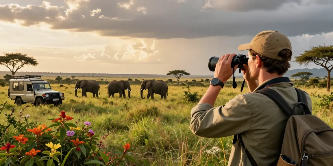NAGA2000 traveler observing elephants at Kidepo Valley National Park, showcasing the beauty of Uganda's wilderness.