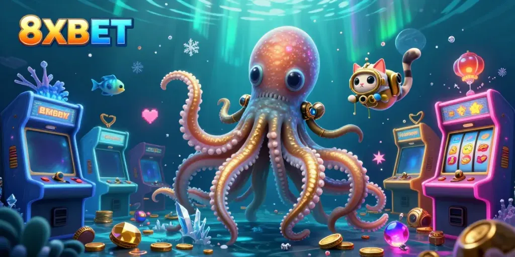 Experience thrilling gameplay with 8XBET as a kraken, diving cat, and glowing fish interact amid vibrant casino elements.