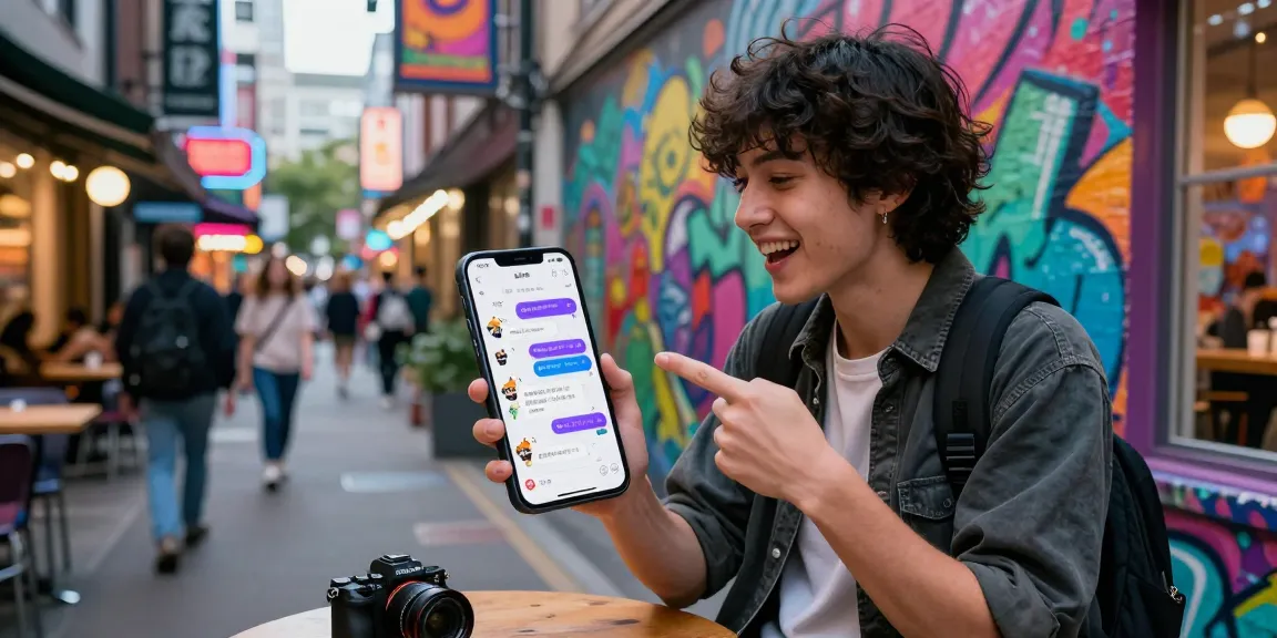 Engaging in ai ecchi chat on smartphone in vibrant urban setting with colorful graffiti, showcasing lively AI character interaction.