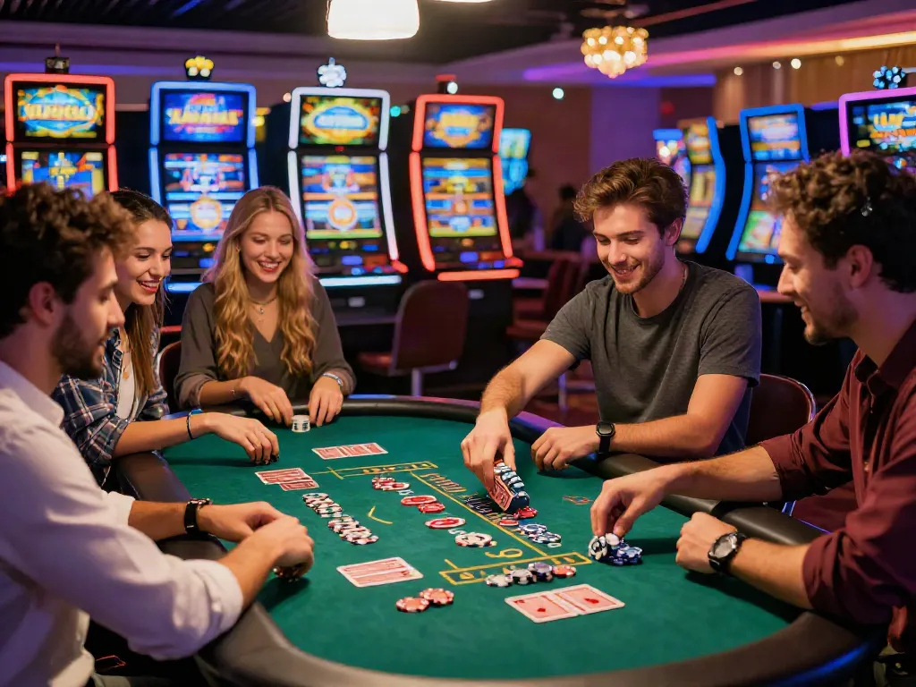 Group of friends enjoying a lively casino atmosphere with casino bonus sans depot visible at the gaming table.