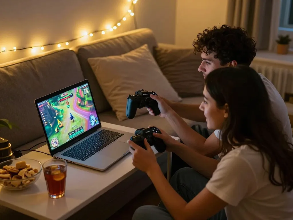 Couple enjoying xxx games together in a cozy gaming setup with colorful graphics.