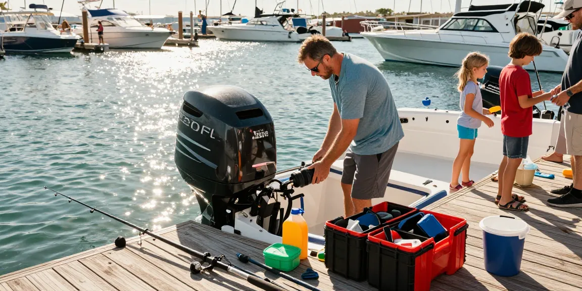 Family preparing for fishing trip, examining outboard motor fuel consumption at the marina.