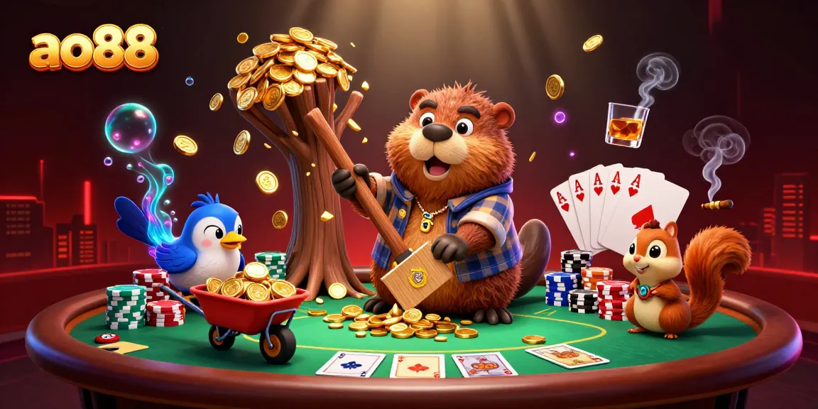 ao88 features a cartoon beaver collecting gold coins at a vibrant casino scene