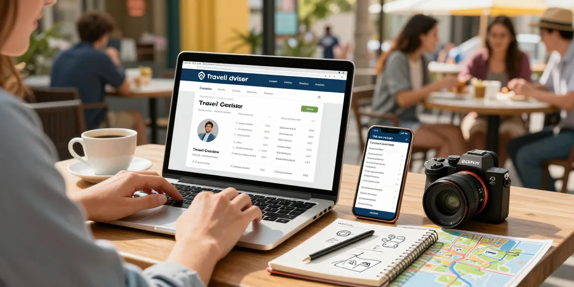 Using a travel advisor CRM in a café while planning trips with clients in a branded portal.