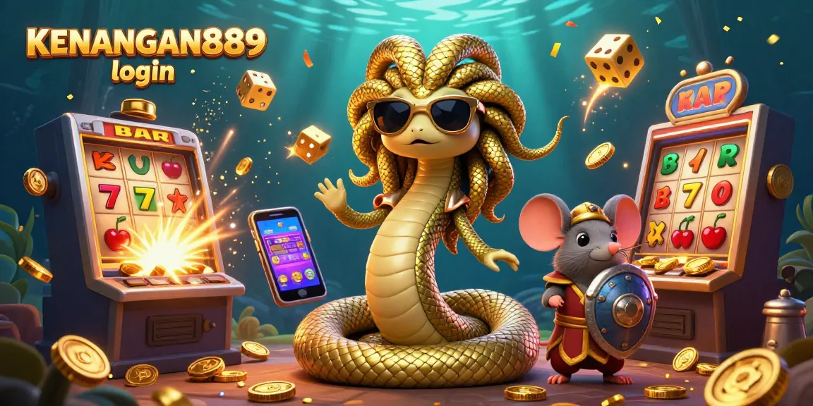 Experience the excitement of KENANGAN889 login through a vibrant casino-themed illustration bursting with jackpots.