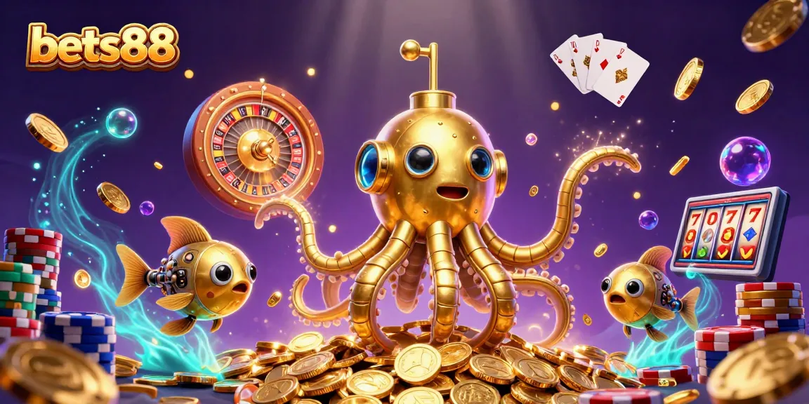 Experience the excitement of bets88 as the golden kraken submarine emerges from golden coins in this vibrant illustration.