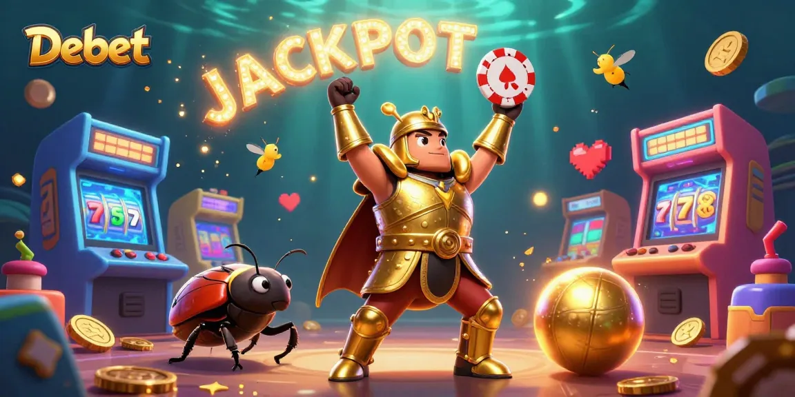 Debet showcases a victorious hercules beetle with poker chips among slots, celebrating jackpot wins.