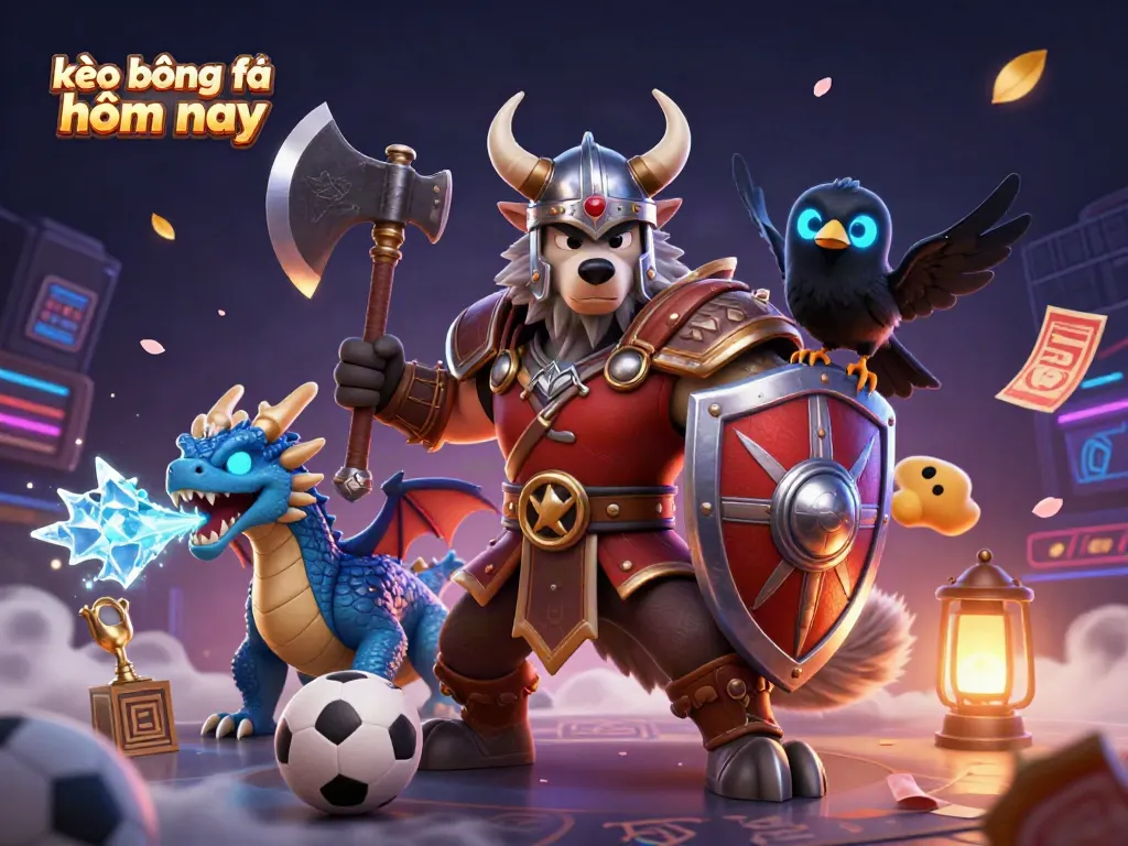 Experience kèo bóng đá hôm nay with vibrant Viking and dragon characters in a dynamic sports betting scene.