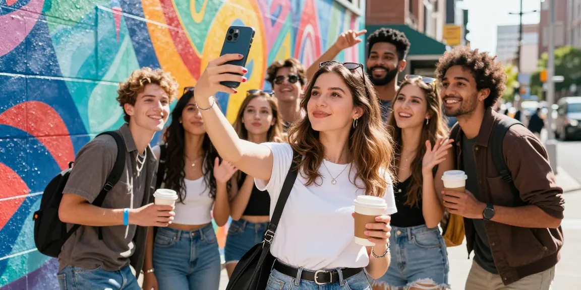 Young woman and friends taking selfies to find celebs i look like against a colorful mural.