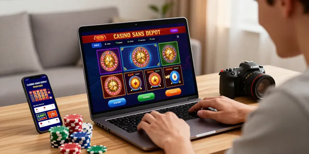 Player enjoying games at an online Casino sans Depot with vibrant visuals and gaming icons.