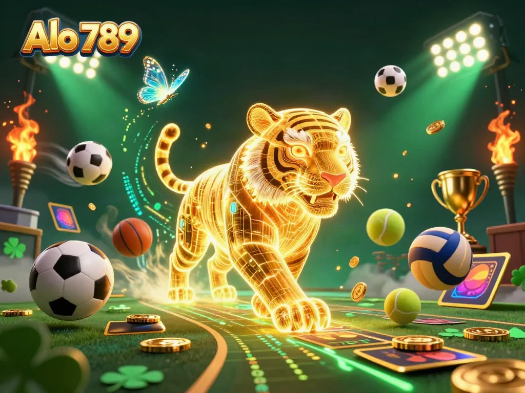 Alo 789 promotes a thrilling digital casino experience with a glowing neon tiger and dynamic betting elements.