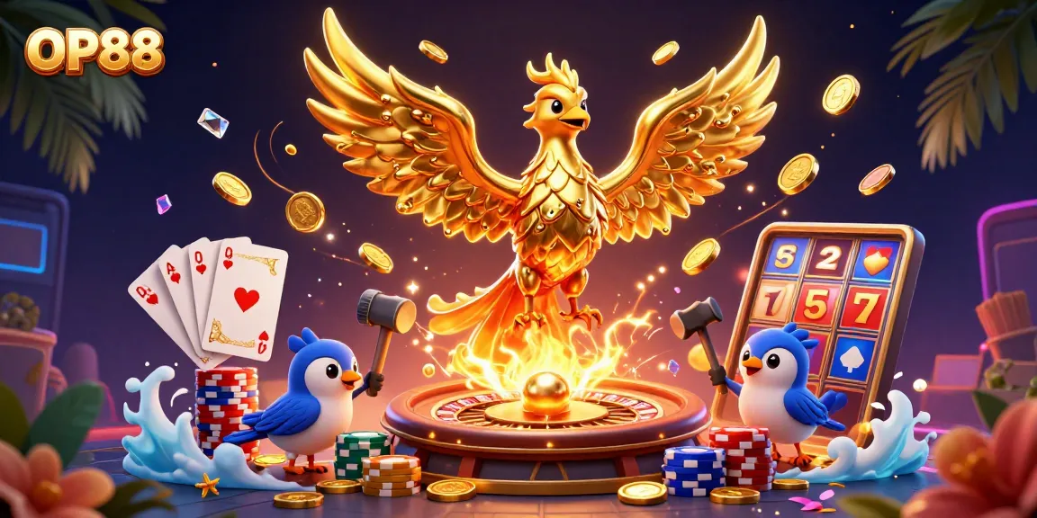 Experience the thrill of OP88 with a captivating 3D illustration featuring a mythical phoenix and coins.