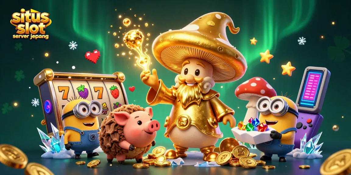 Play exciting games at situs slot server jepang featuring a magical golden wizard and slot machines.