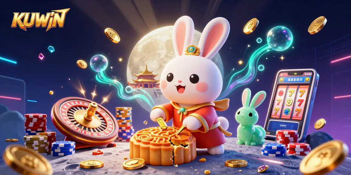 Engage with KUWIN through a vibrant 3D illustration showcasing a moon rabbit celebrating jackpots and casino games.