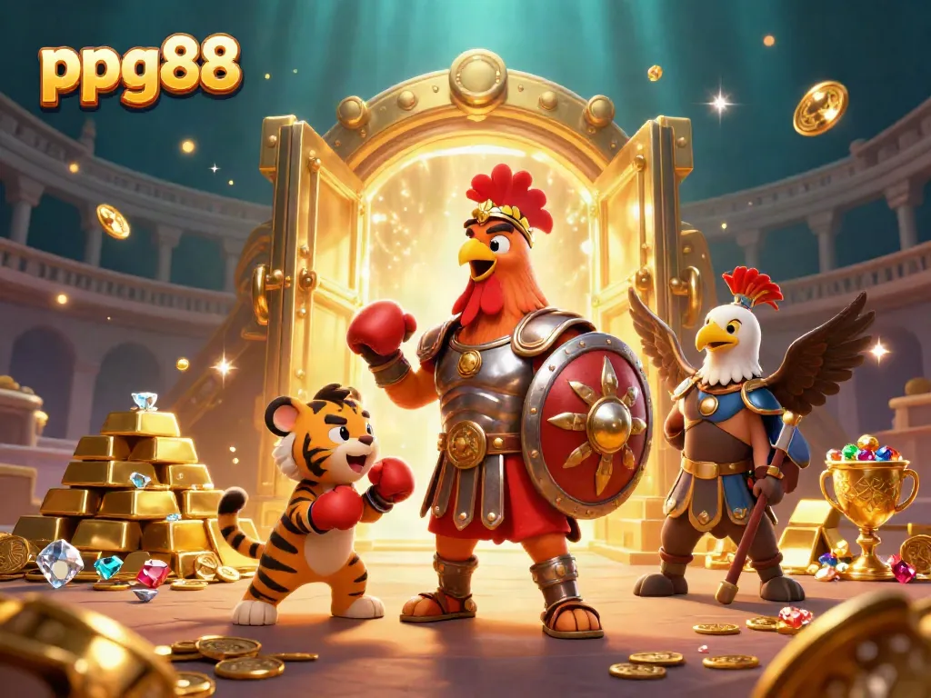 Engage in thrilling gameplay at ppg88 with the gladiator rooster and sparring tiger cub in a rich casino scene.