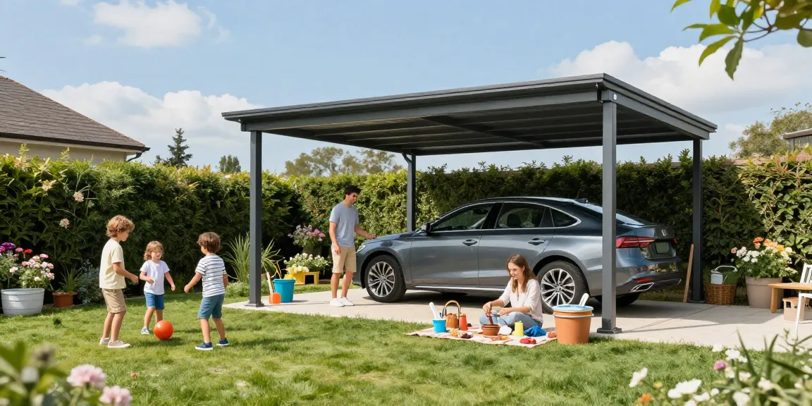 Moderne Carport-Installation auf einem Familiengarten mit aktiven Kindern und einem gemütlichen Picknick.
