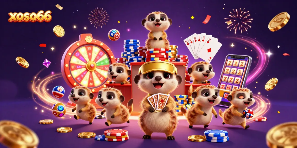 xoso66 engages players while meerkats run a lively lottery casino filled with golden coins and colorful chips.