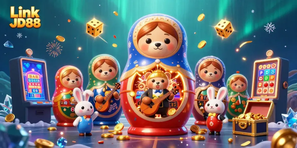 Play casino games with Link JD88, featuring lively characters and jackpot excitement.
