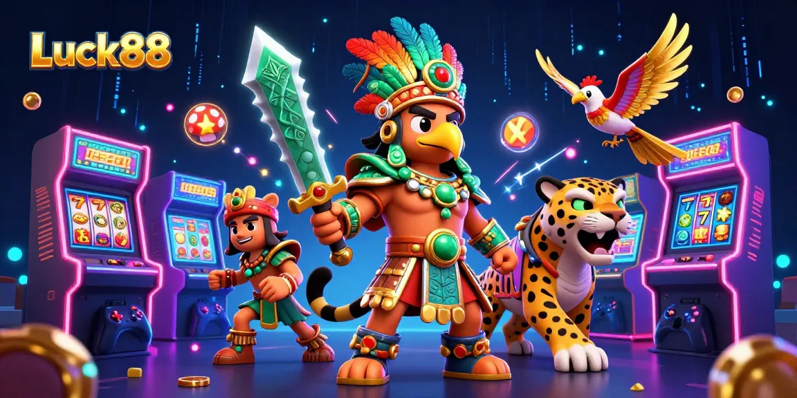 Engage with Luck88 slot gaming experience featuring vibrant Aztec warriors and dynamic arcade elements.