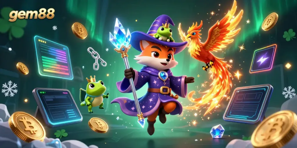 Engage with gem88's thrilling casino offerings featuring mystical characters, crypto elements, and vibrant visuals.