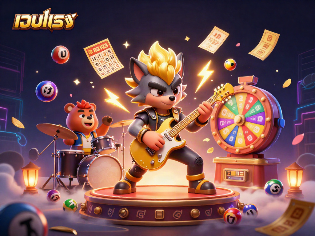 Engage with เว็บตรง at a vibrant casino scene featuring lively characters and dynamic lottery elements.