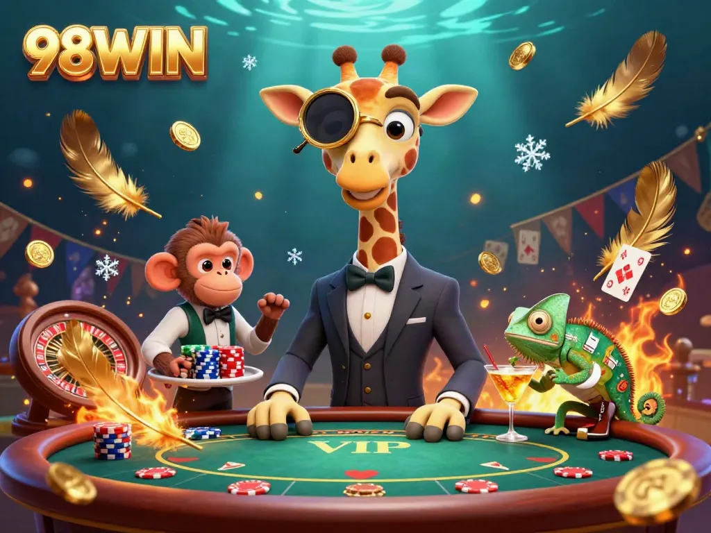 Engage with 98WIN through a vibrant casino scene featuring a high-roller giraffe, monkey valet, and chameleon bartender.