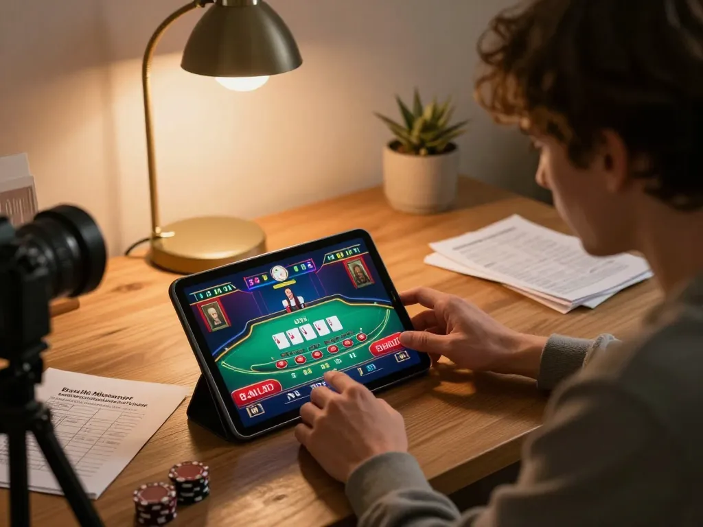 Engaging with RR88 online blackjack on a tablet while managing bankroll in a cozy home office.
