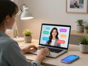 Engaging conversation with an AI gf in a cozy home office, showcasing emotional interaction.