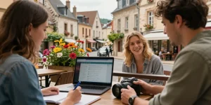 Cursos de francés inmersivos en Francia, estudiante interactuando con locales en un café, paisaje pintoresco que mejora la experiencia de aprendizaje del idioma.