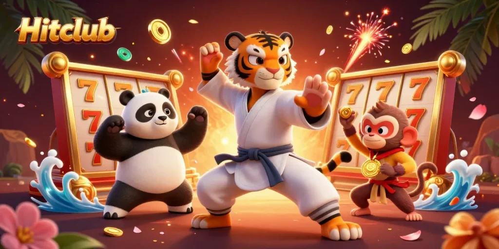 Hitclub offers thrilling slot gameplay with vibrant characters and rich casino elements in a colorful scene.