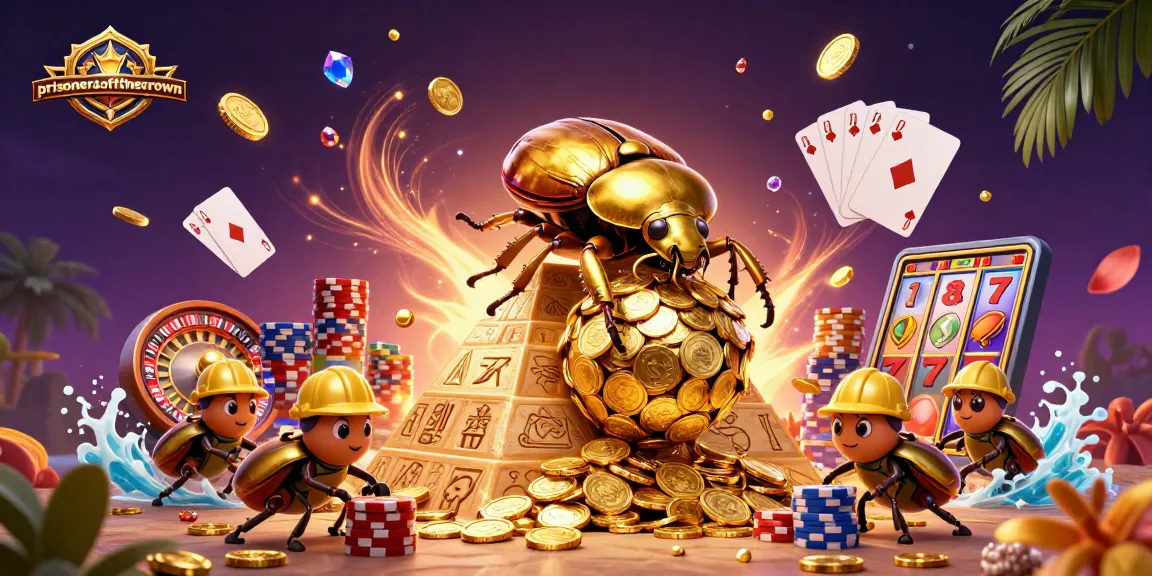 Engage with prisonersofthecrown in this dynamic casino scene featuring a golden dung beetle and sparkling games.