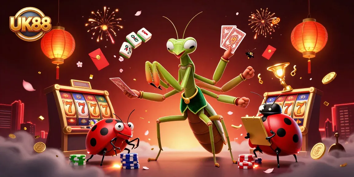 Engage with UK88 as the giant mantis card sharp and ladybug pit boss bring casino action to life, surrounded by vibrant slot symbols