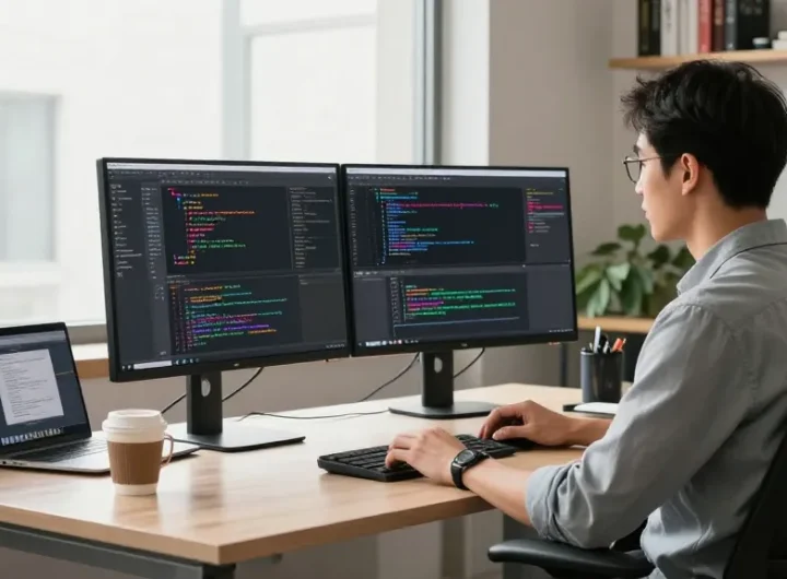 Developer using Snipaste for efficient coding in a modern workspace.