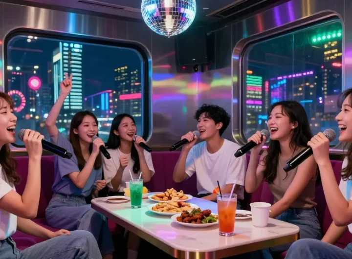 A lively group enjoying 강남가라오케 in a stylish karaoke venue, capturing vibrant energy and urban nightlife.