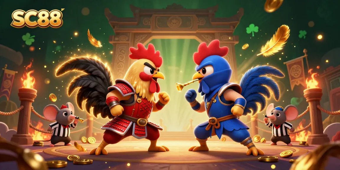 Engage in thrilling SC88 gameplay with animated roosters in a vibrant casino showdown.