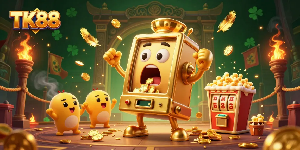 Experience the thrill of TK88 Casino as the golden slot machine celebrates a jackpot amidst vibrant arcade elements.
